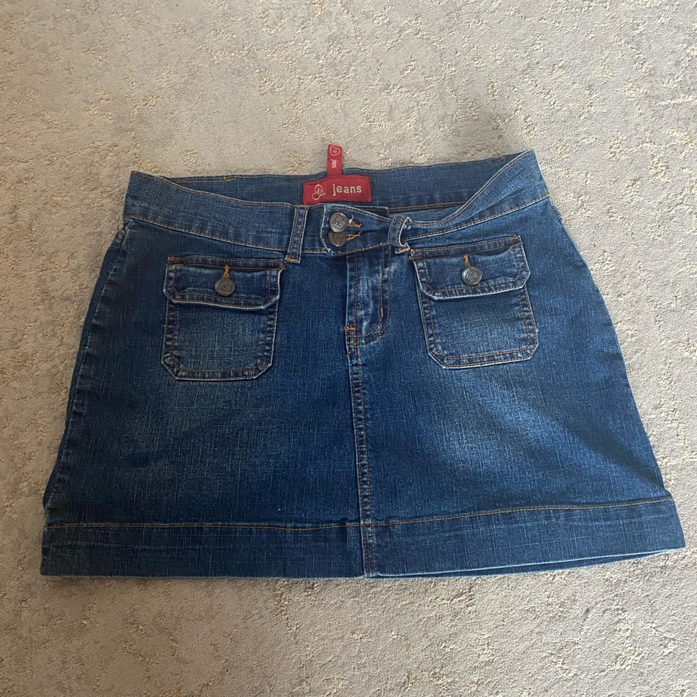Low rise denim jean skirt